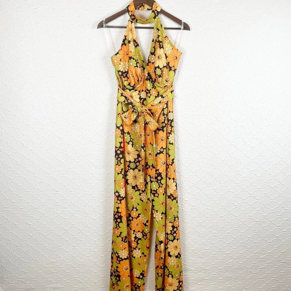Unique Vintage Pants - Unique Vintage Floral Halter Jumpsuit in Orange and Green